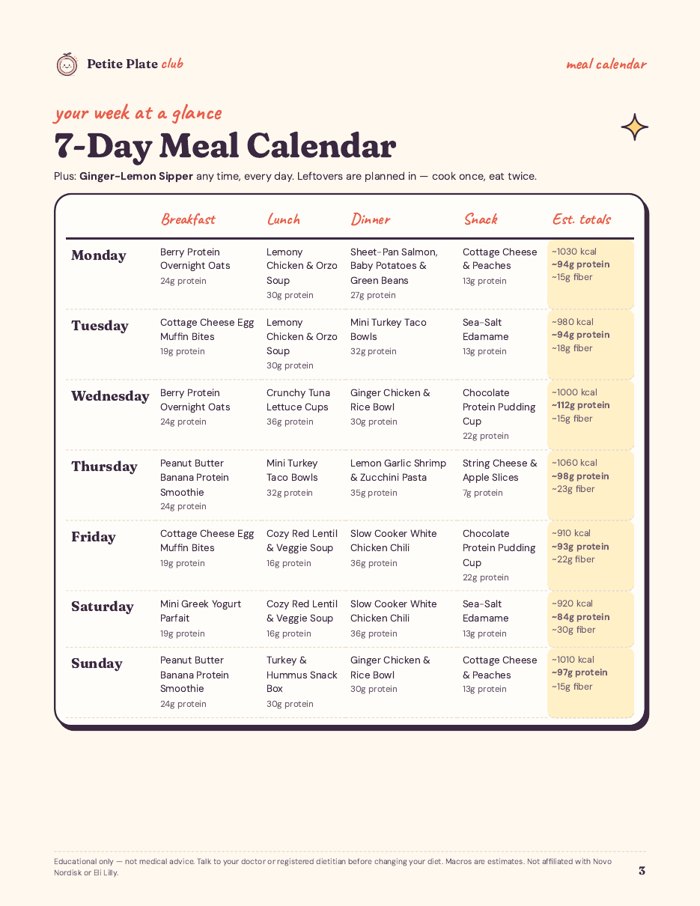 7-day meal plan calendar page preview